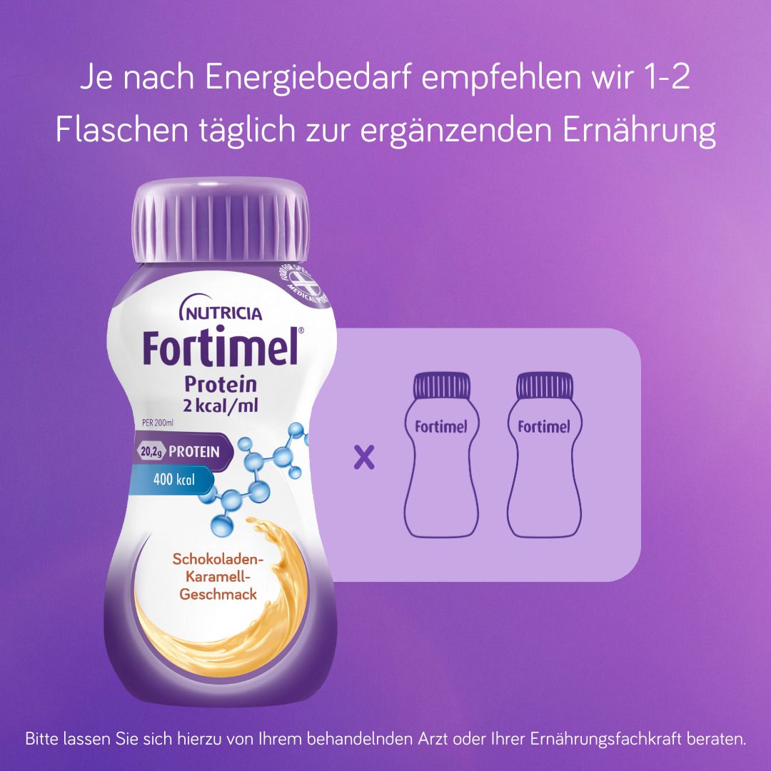 Fortimel® Protein 2 kcal Schokolade-Karamell, die eiweißreiche und hochkalorische Trinknahrung, die zudem ballaststoff- & glutenfrei, und laktosearm ist