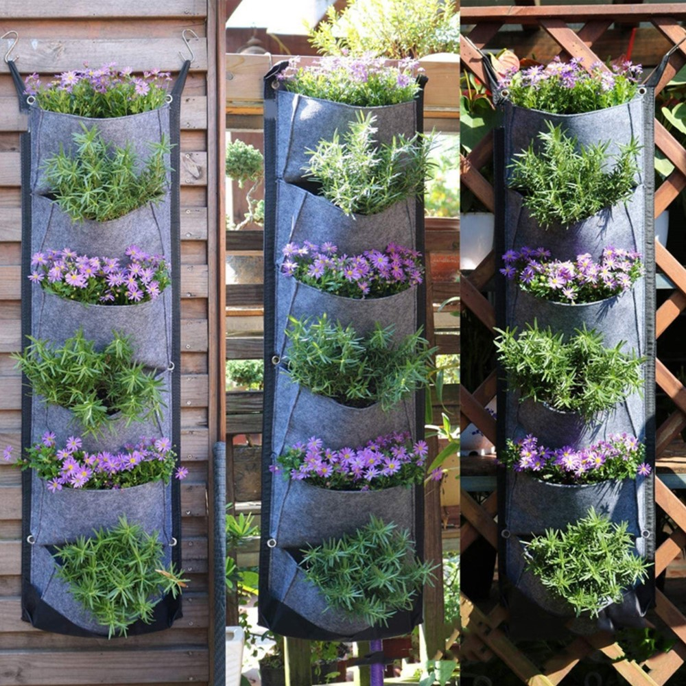 (100x30cm) Hängende Filz Pflanzen Tasche Senkrechte Deko Blumenwand mit 6 Fächer - Grau