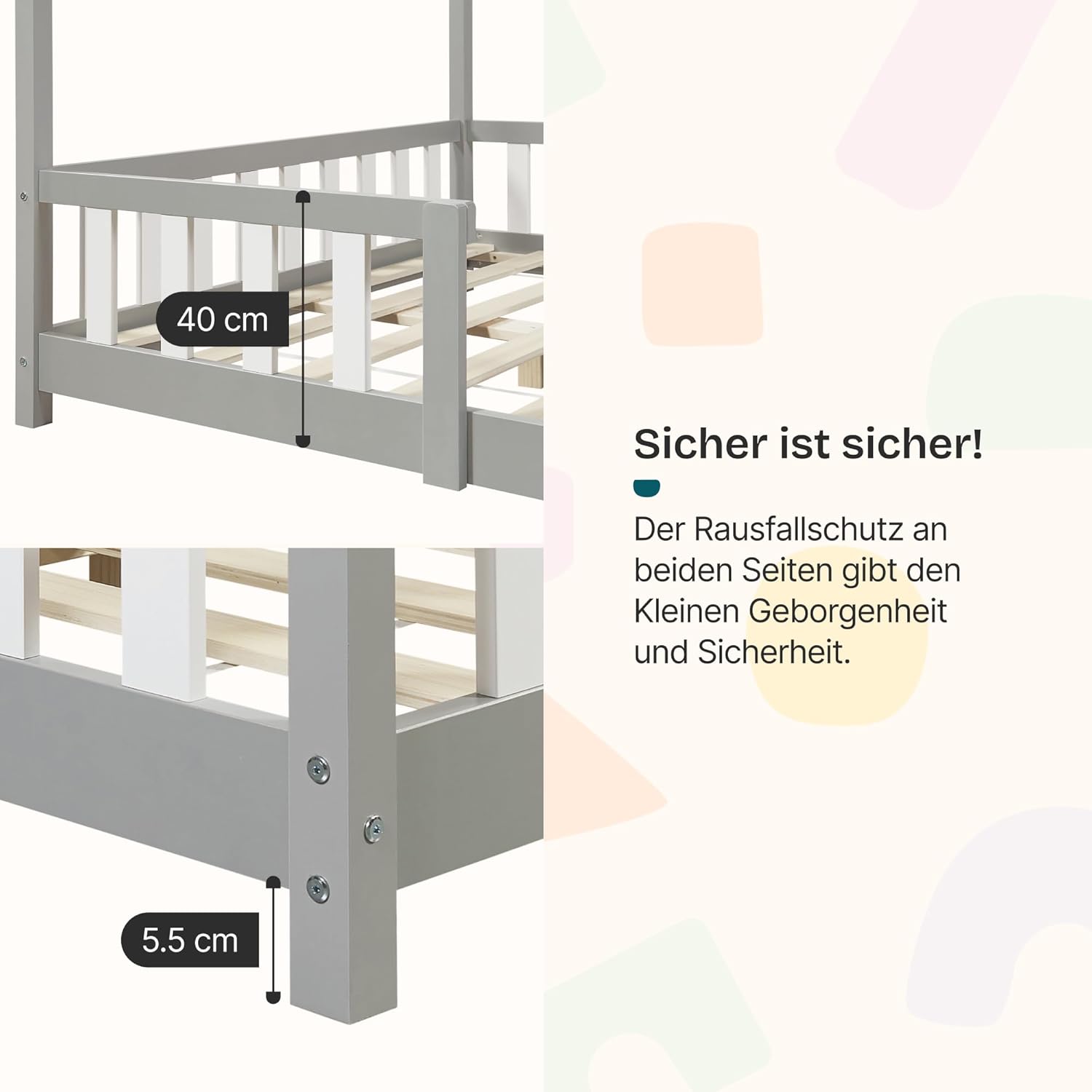 [en.casa] Kinderbett Sisimiut mit Matratze 120 x 200 cm Hausbett Montessori mit Rausfallschutz Holzbett für Kinder Bodenbett Lattenrost Kiefernholz Hellgrau/Weiß