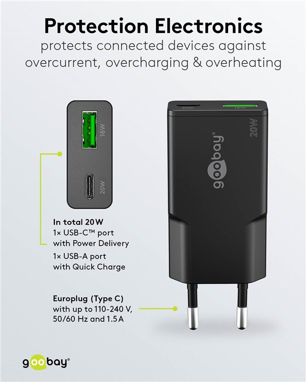 (20W) Slim USB C / USB A GaN Ladegerät Netzteil Power Delivery / Quick Charge (75729) - Schwarz