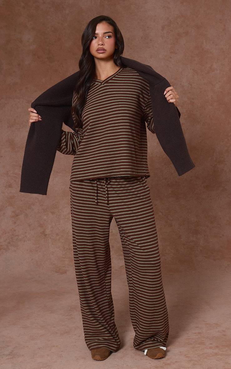 Chocolat Sweat-shirt À Col En V En Polaire Douce Rayée