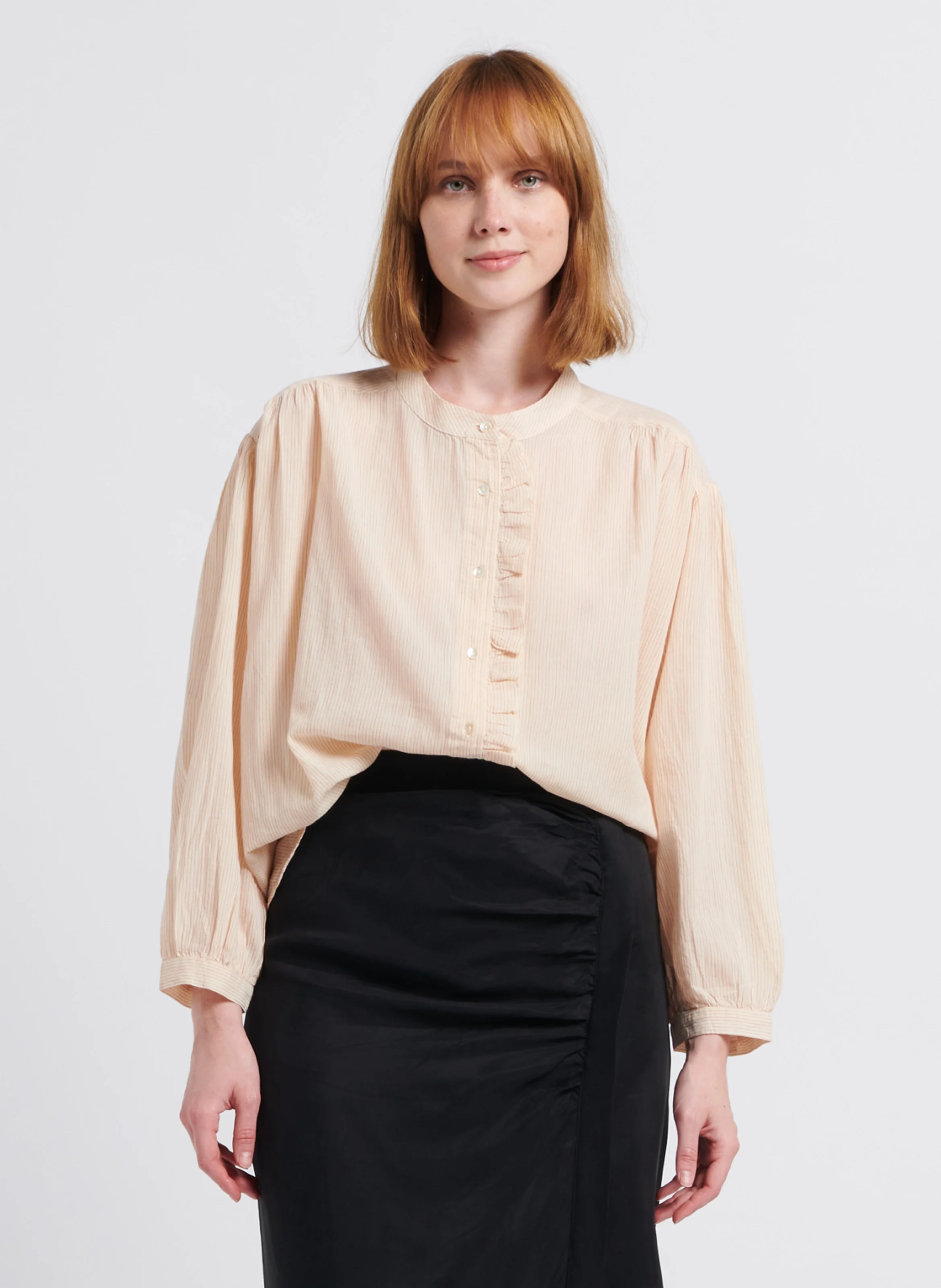 LONIA - Chemise fluide col mao à rayures en coton | Rose