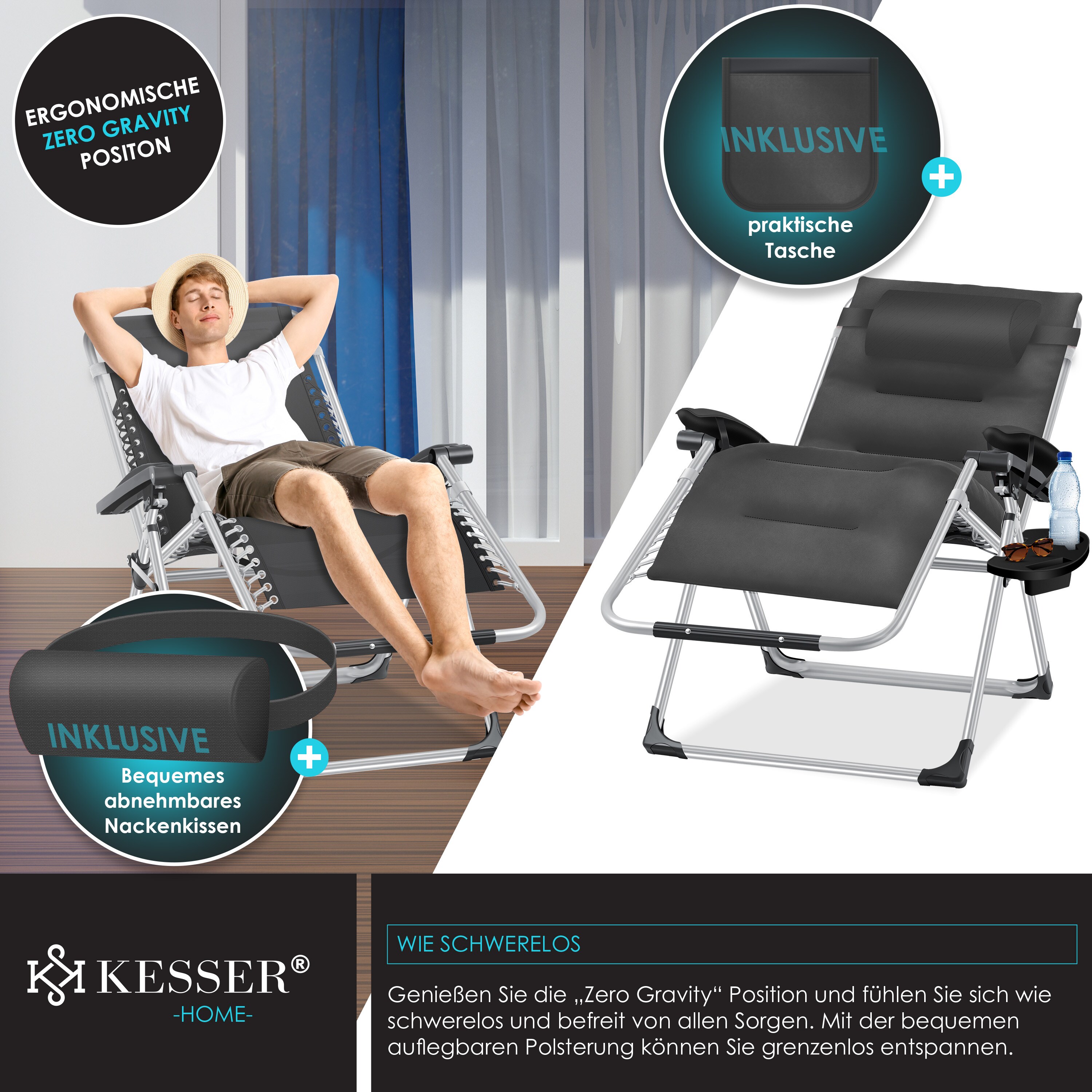 KESSER® Sonnenliege Liegestuhl, klappbare Gartenliege extra breit & Wetterfest, Belastbar 200kg, Ergonomisches Polster, verstellbare Rückenlehne inkl. Nackenkissen, Getränkehalter & Armpolster
