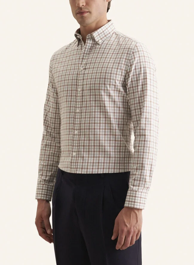 Seidensticker Flannel shirt Regular Long sleeve Button-Down-Collar Check Brown