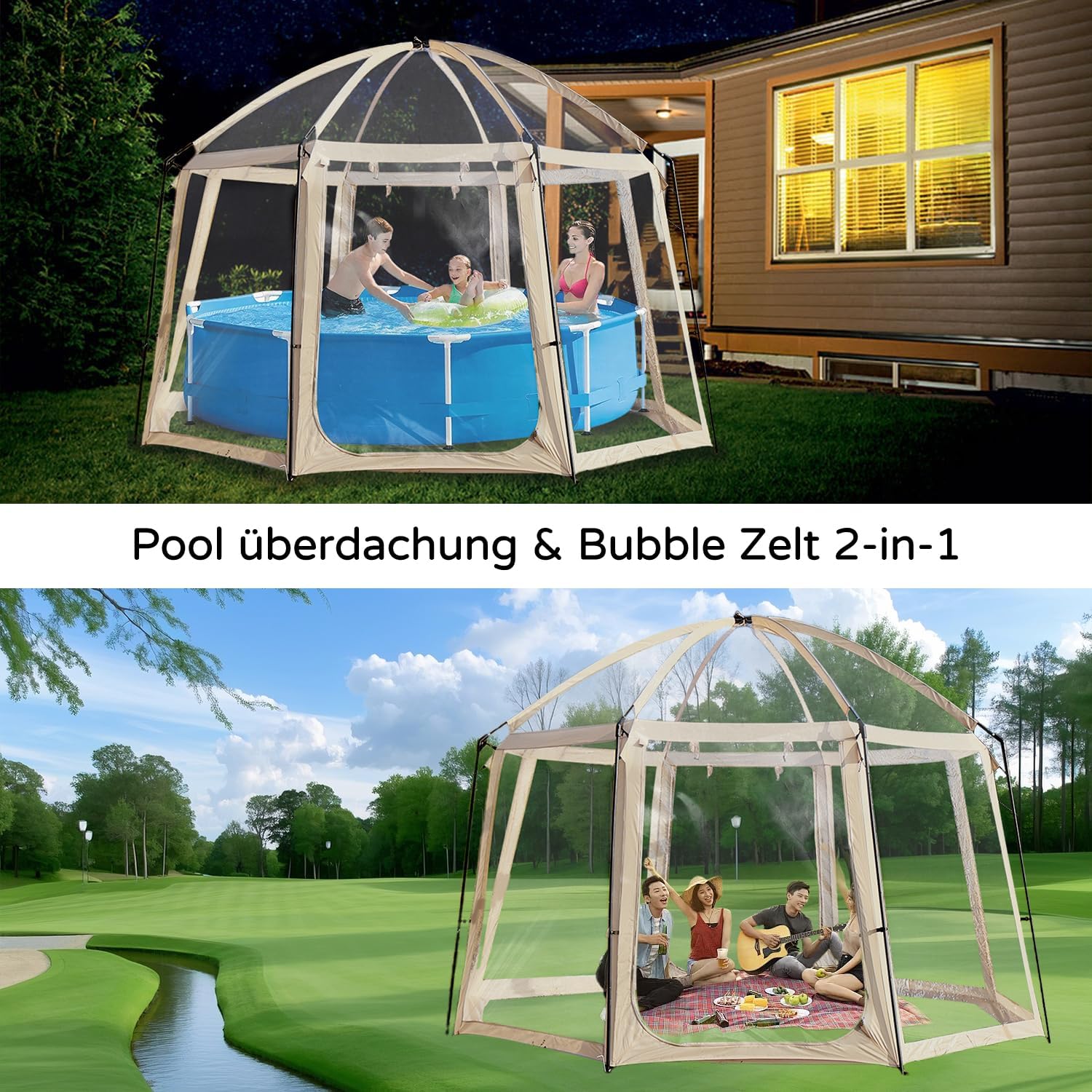 Poolabdeckung Rund – 400x400x250cm – Pool Dome für Pools bis ca. Ø 305cm – Poolzelt Mit Zwei große Reißverschlusstüren - Pool Sonnenschutz SPF35+ – Pool Überdachung Blockiert Blätter und Vogelkot.