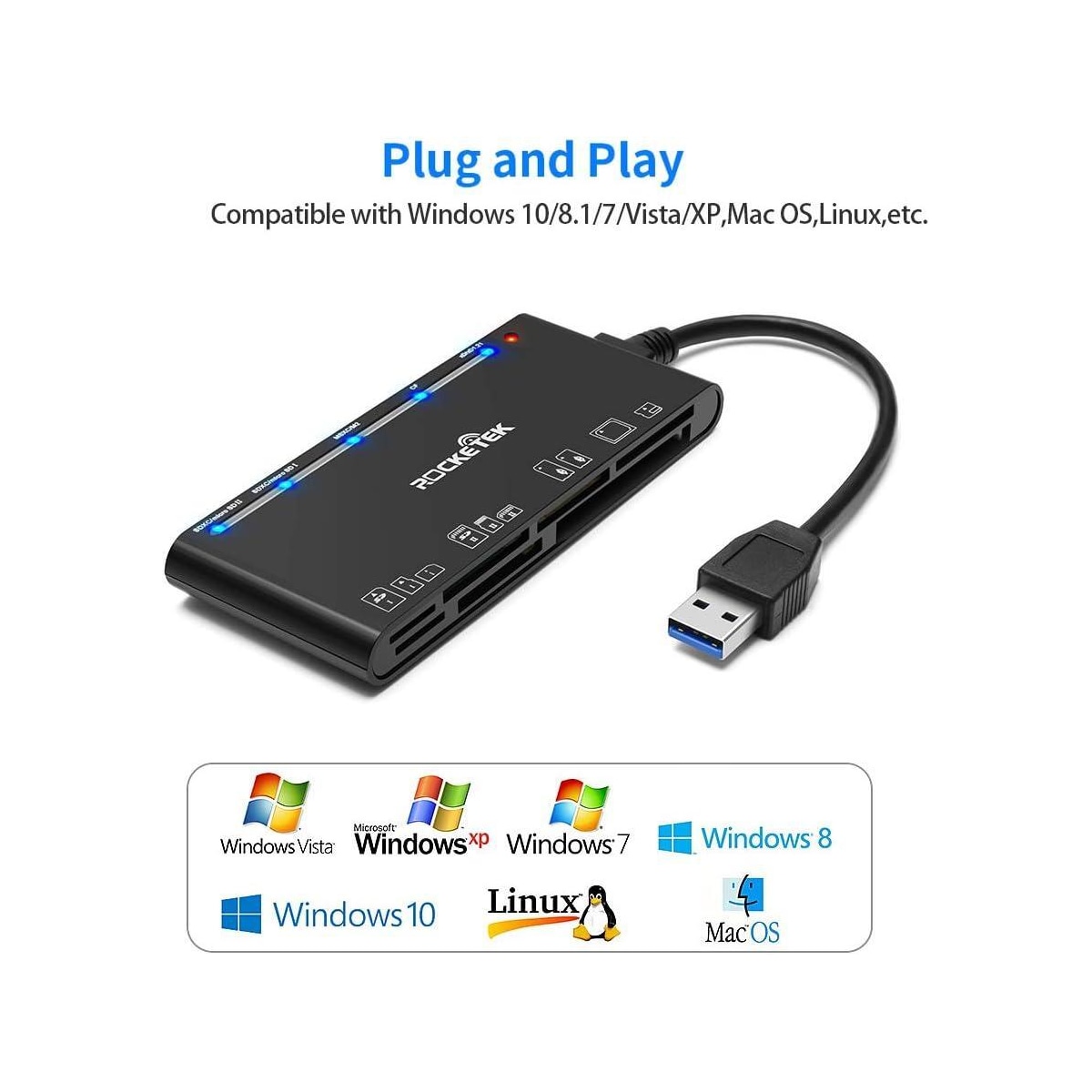 NÖRDIC USB-A kortleser 7 spor 1xCF, 2xSD, 2xMicroSD, 1xMS, 1xXD UHS-I
