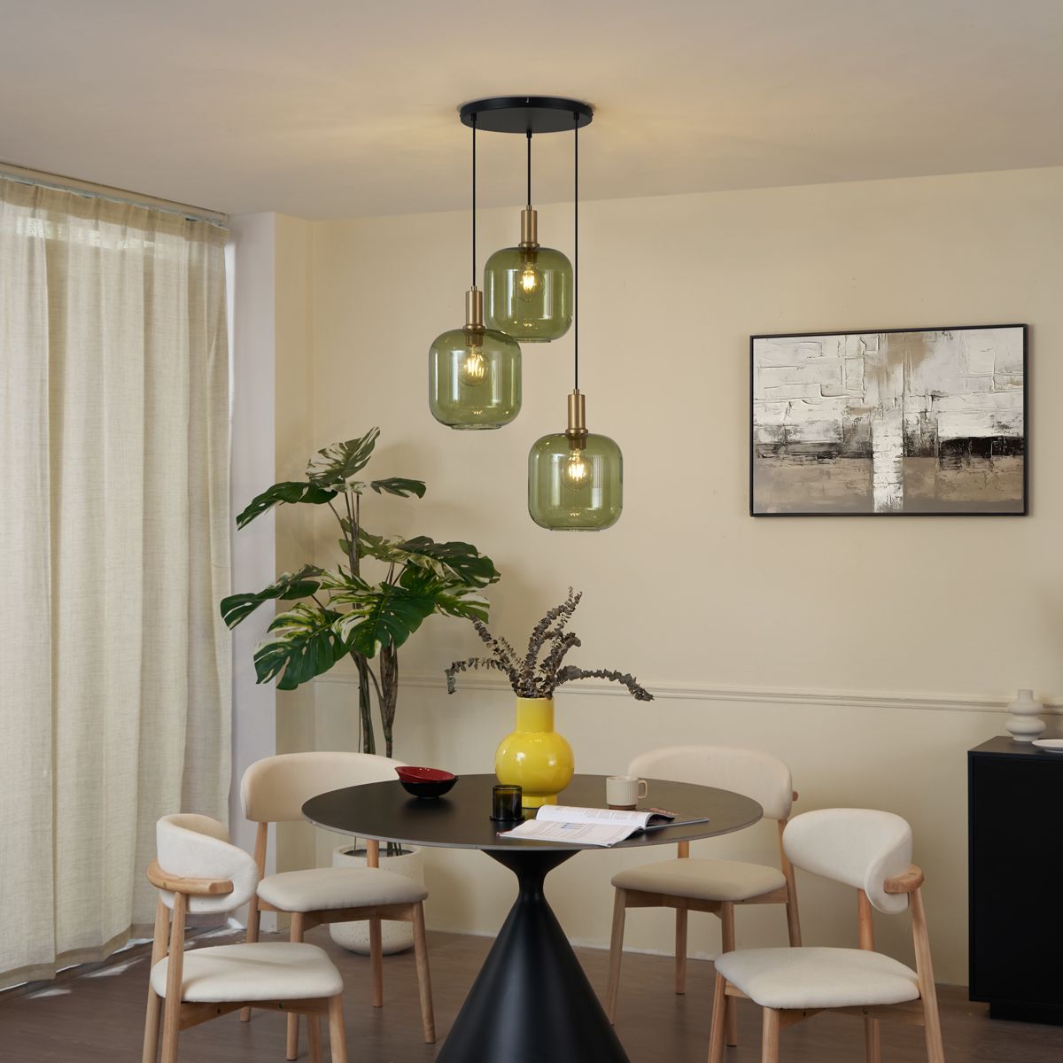 Hotel Chique hanglamp zwart met goud en groen glas 3-lichts - Zuzanna