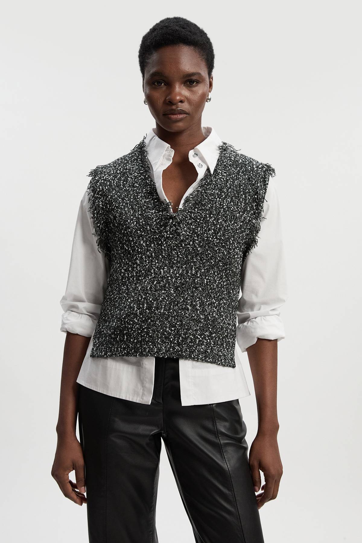 KarenMillen Débardeur Tricoté à Franges en Fil de Tweed