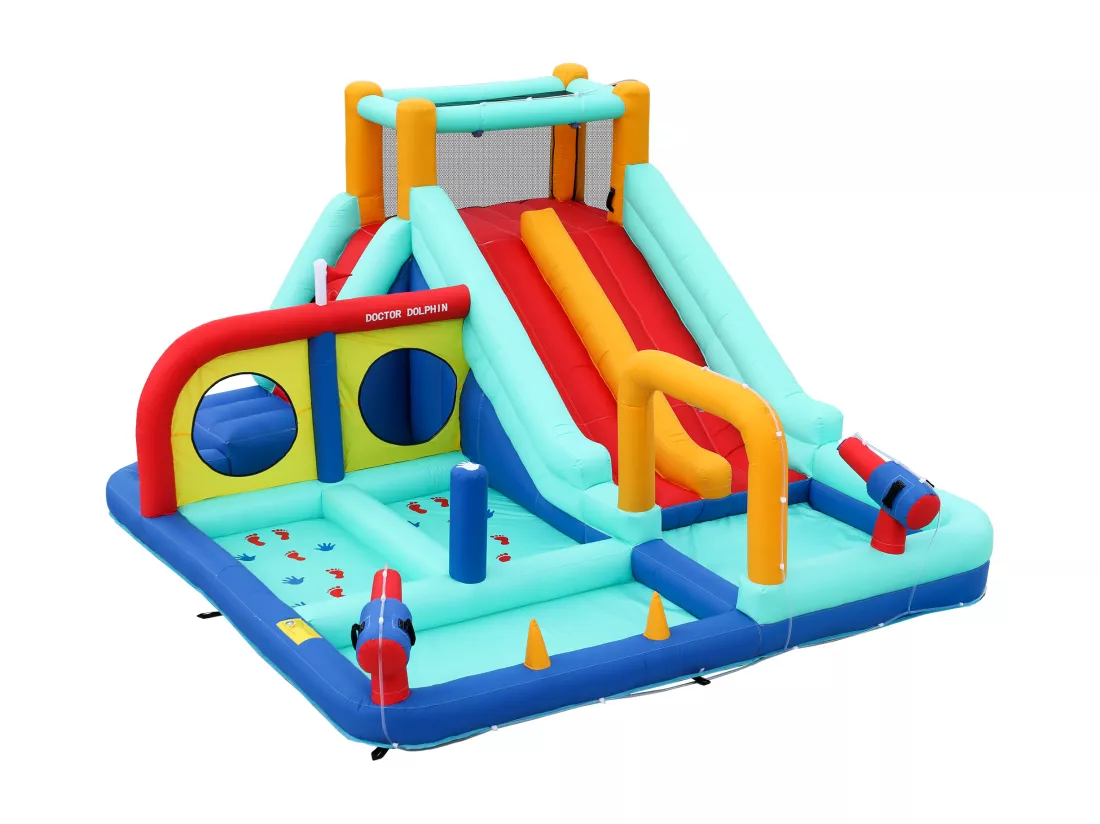 Château gonflable toboggan aquatique double pour enfants - 365 x 450 x 217cm - en oxford - avec souffleur - bleu
