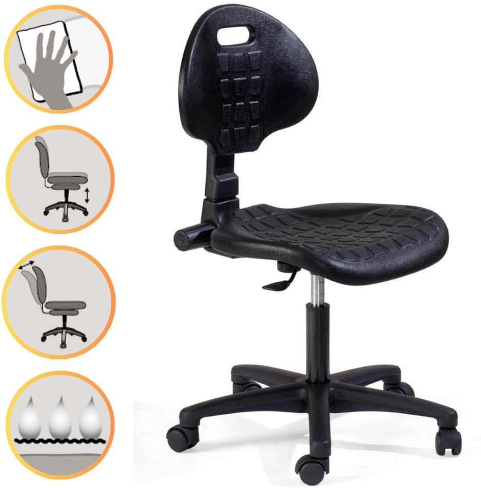 Topsit IND101 Arbeitsstuhl aus Polyurethan, ergonomischer Bürohocker, Werkstattstuhl, höhenverstellbar und mit Verstellbarer Rückenlehne, leicht zu reinigen, Stabiler Stuhl mit Rollen.