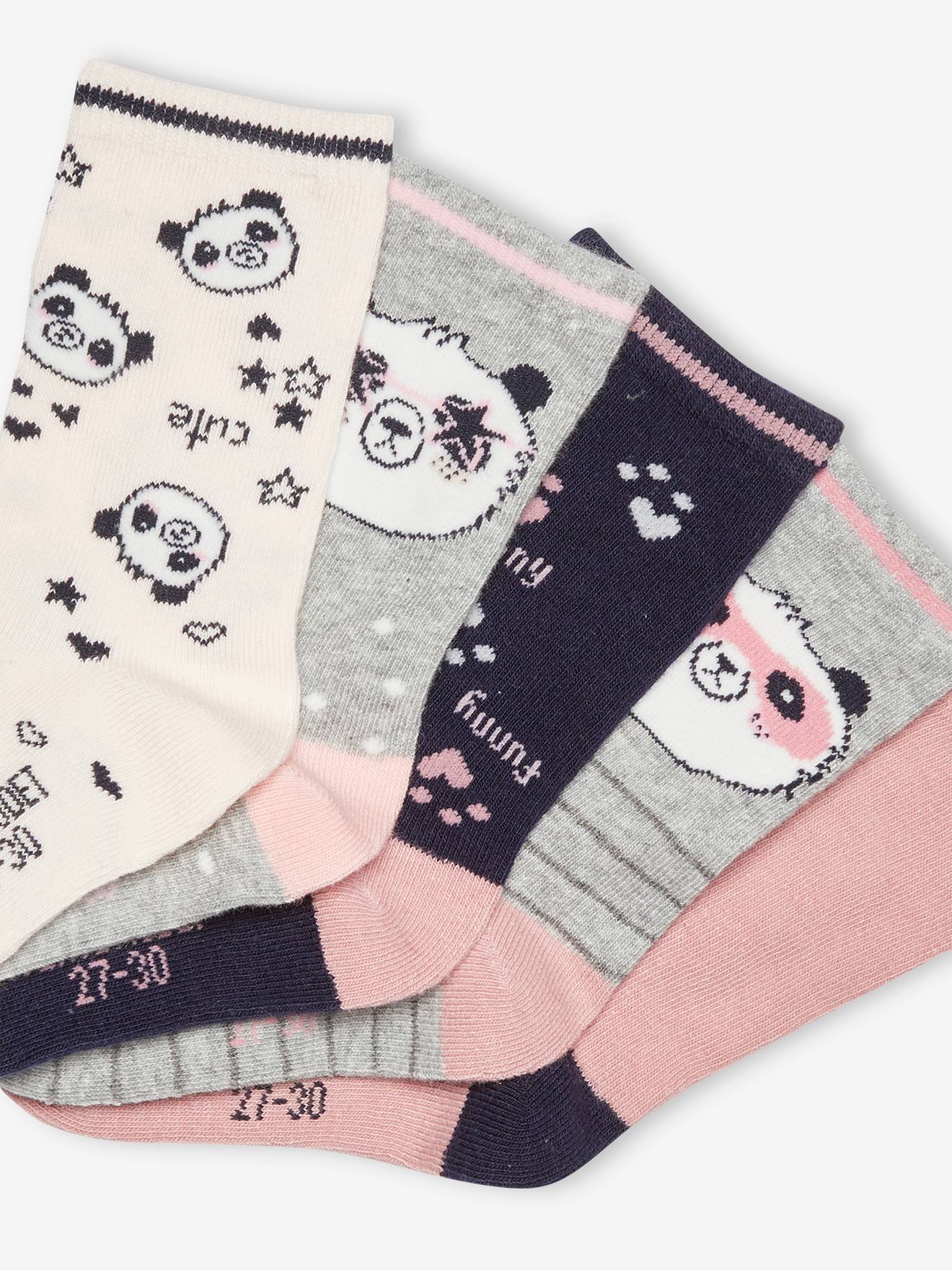 Pacote com 5 pares de meias de panda para meninas, em dois tons de roxo escuro/multicoloridas.
