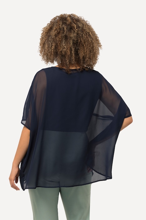 Chiffonbluse, Oversized, Rundhals, Halbarm