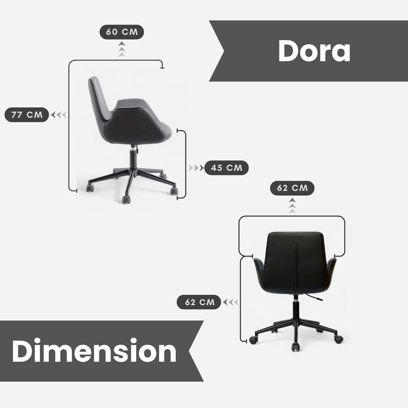 Homitis Chaise de bureau Dora noir/anthracite - 62x77x60 cm
