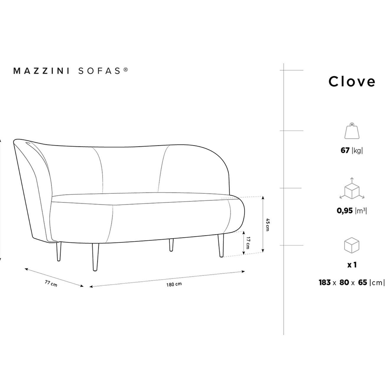 Mazzini Sofas Canapé Clove 3 places Velours bouclé bleu clair - 180x77x80 cm