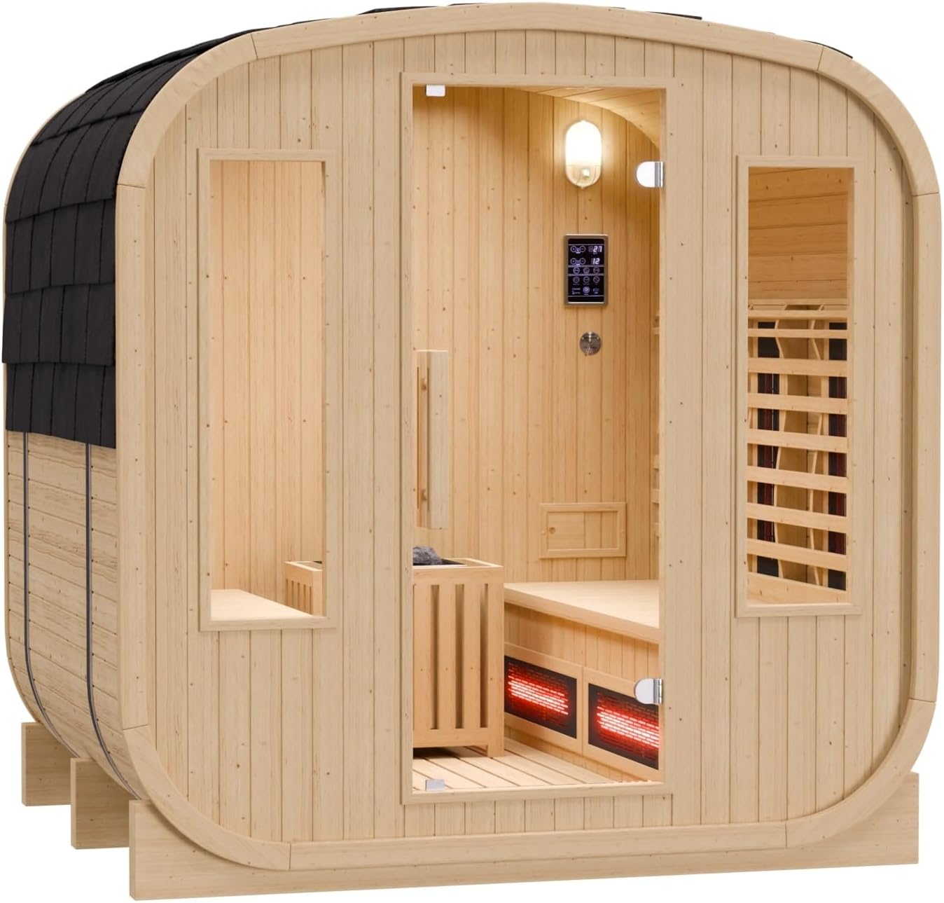 Dewello® - Outdoor Fasssauna Richmond - ca. 200 cm x 180 cm x 200 cm, Fichtenholz - Cube inkl. 10 Infrarotstrahler, Saunaofen und Saunazubehör I Gartensauna, Außensauna, Sauna Fass für 4 Personen