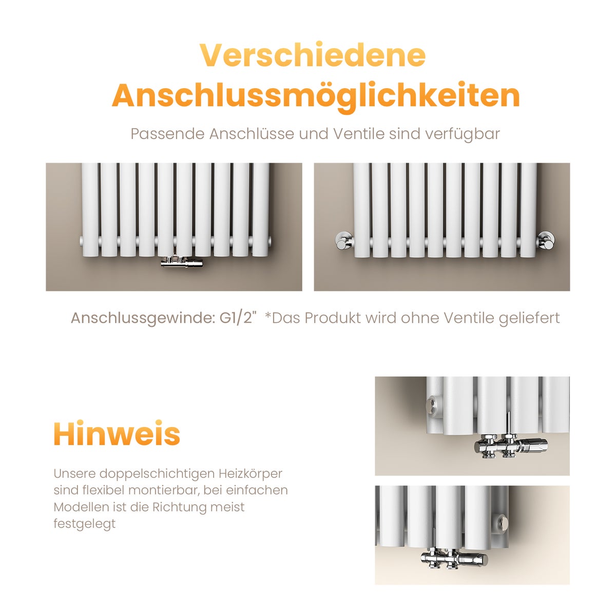 EMKE design buisradiator voor warmwatergebruik, middenaansluiting, dubbellaags, 2175 watt, 60 cm x 180 cm, wit