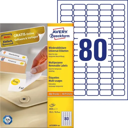 Avery Zweckform L4732REV-100 Universal-Etiketten,A4 35,6 x 16,9 mm, 100 Bogen/8.000 Etiketten, weiß