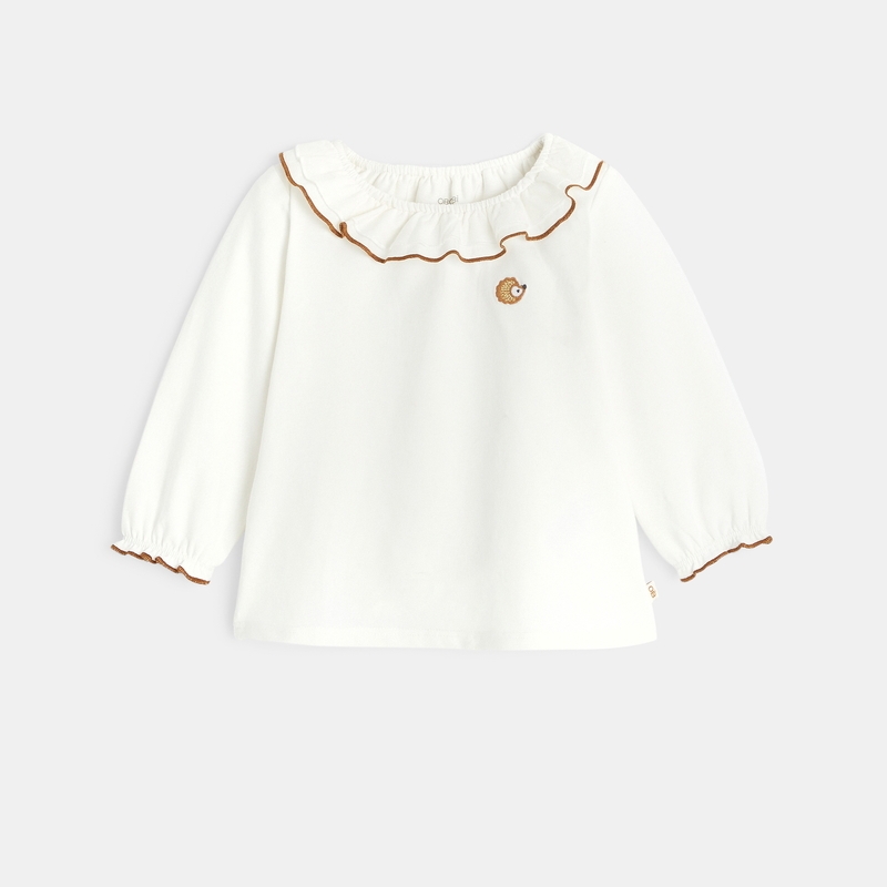 T-shirt à col volants hérisson brodé beige bébé fille