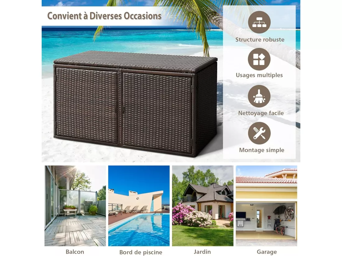 Coffre de Rangement Jardin 335L en Rotin et fibre naturelle PE, Charge Max. 120 kg, Cadre en Acier avec 2 Etagères 115 x 60 x 65 CM（Marron）