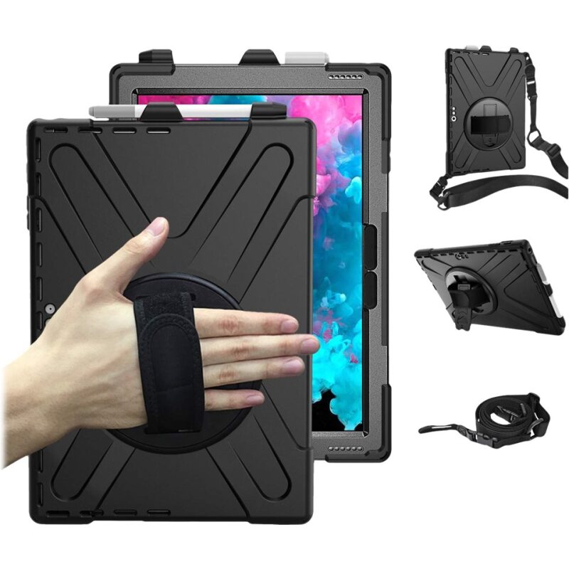 DLH Coque renforcée avec emplacement stylet, bandoulière, poignée rotative et pied support pour SAMSUNG Galaxy Tab Active Pro (SM-T540 / SM-T545 / SM-T547) et Galaxy Tab Active 4 Pro (SM-T630 / SM-T636)