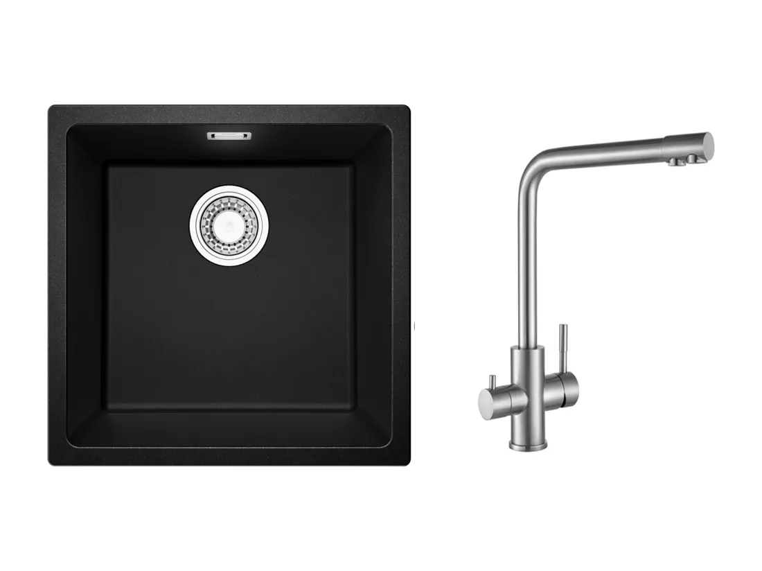 Evier 1 Bac en Quartz et Résine, 3 Options de Montage, 45*44*20cm + Mitigeur Cuisine pour Sstème D'osmose
