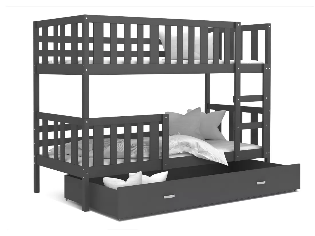 Lit superposé enfant NEMO 90X190 cm - 2 Sommiers et Tiroir inclus Gris