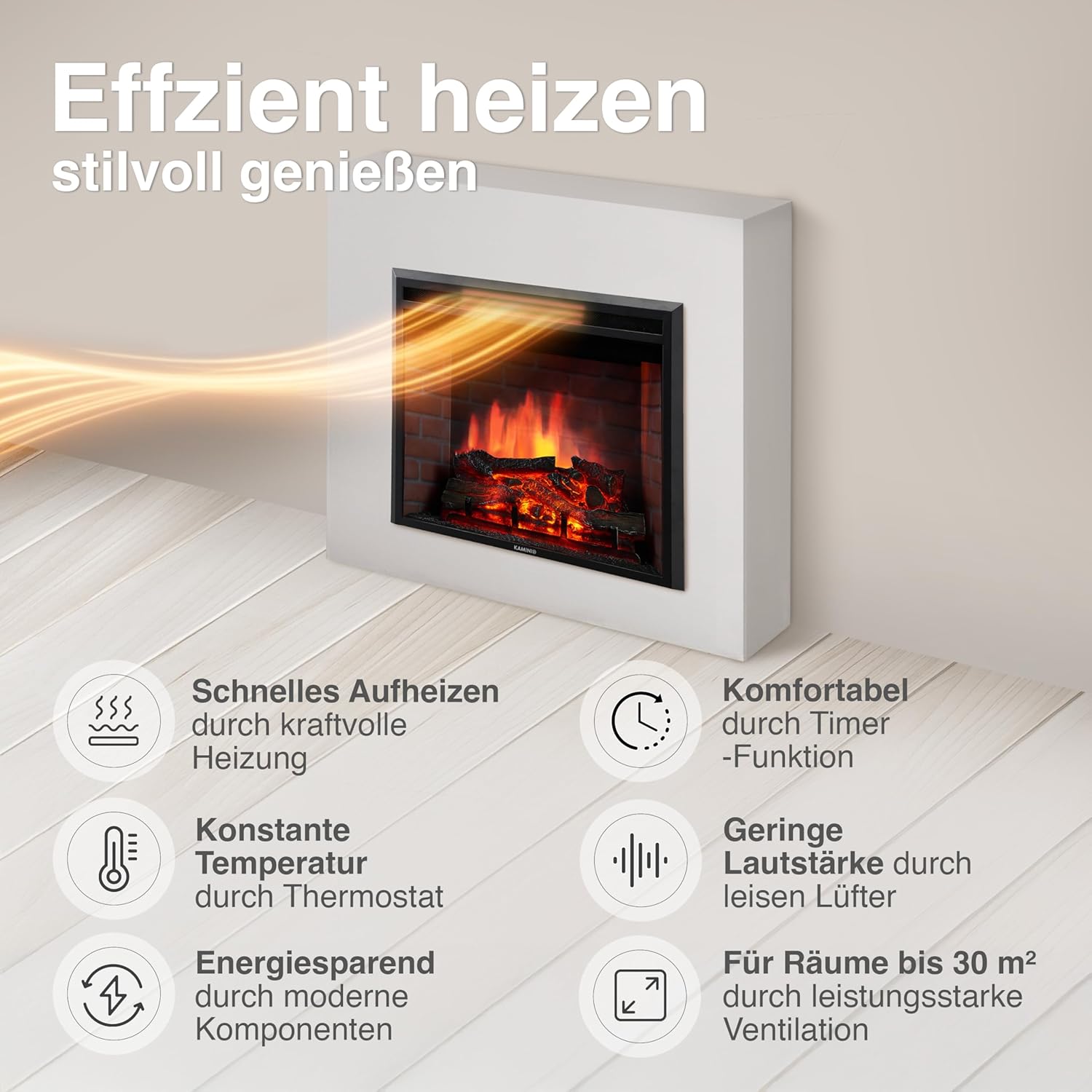 Elektrokamin Luca - Elektrischer Einbaukamin mit Heizung, 3D-Flammeneffekt, 12 Flammenfarben, Fernbedienung (23 Zoll)