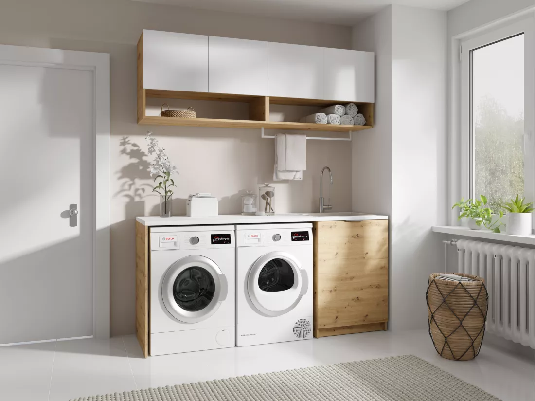 Meubles de buanderie pour machine à laver avec plan de travail - L182 cm - Blanc et naturel clair - NATAJI