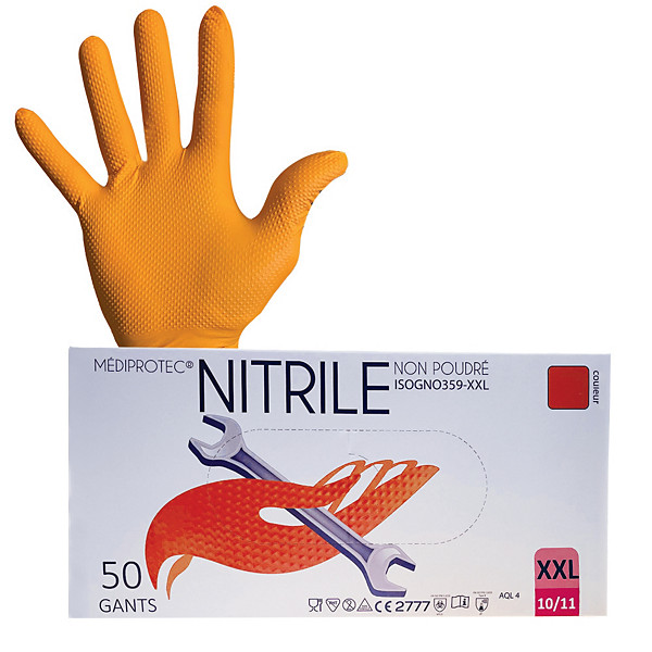 Gants jetables nitrile non poudrés orange taille 10, boîte de 50