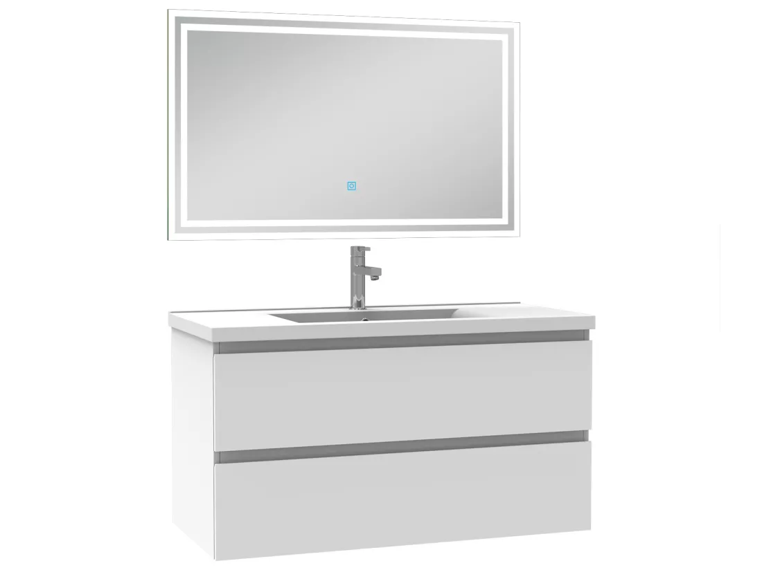 Meubles simple vasque l.100 x H.52 x P.45cm, meuble acve miroir Blanc, Aica
