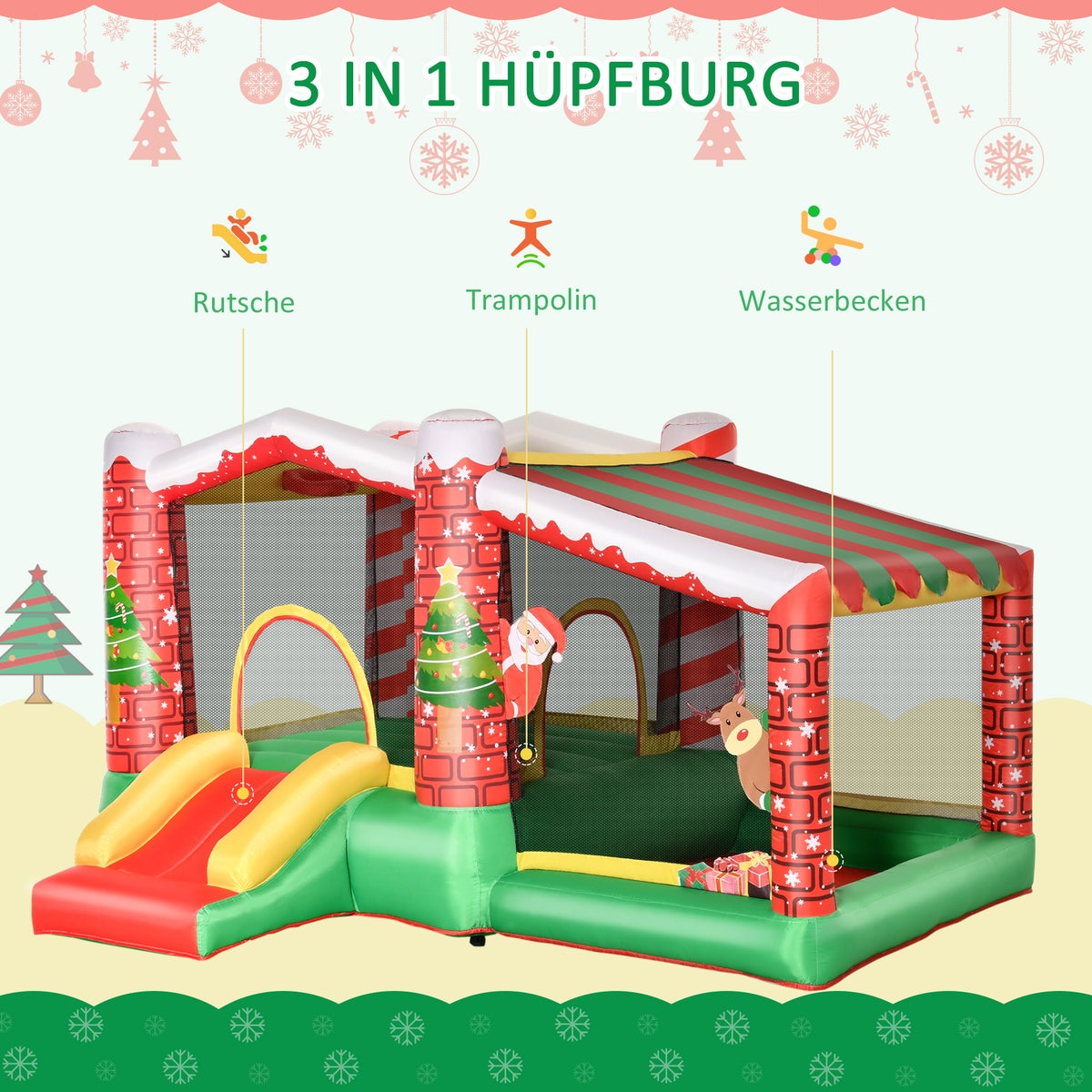 Opblaasbaar springkasteel Outsunny, 325 x 270 x 175 cm, Oxford-stof + polyester, rood + groen