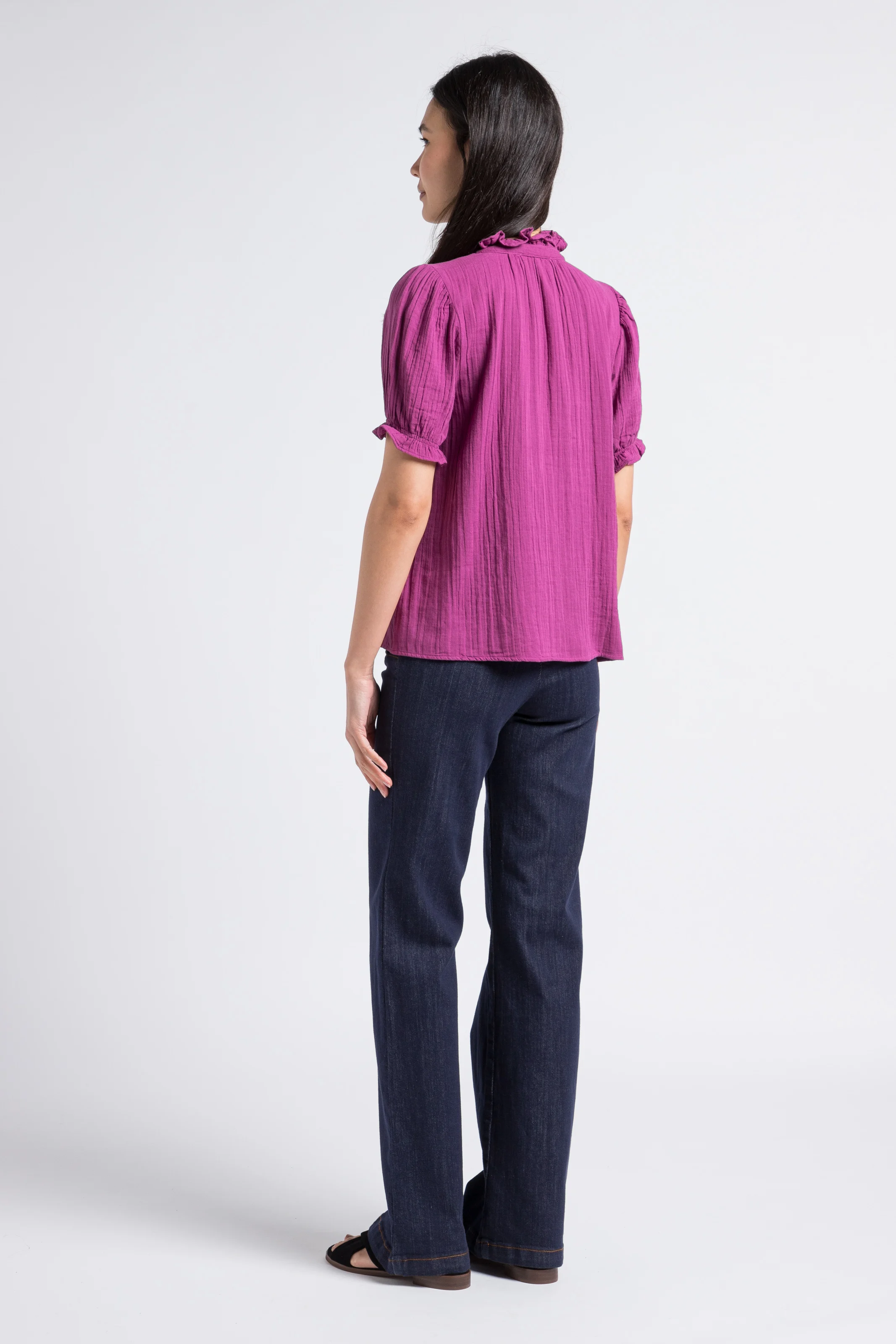 PAULIE - Jean droit taille haute boutonné en coton mélangé | Bleu