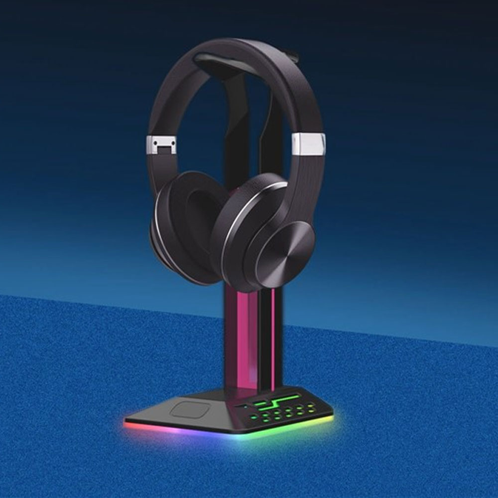 Gaming Kopfhörer Halterung Ständer für Over-Ear Headset mit 2x USB A Anschluss   RGB Beleuchtung - Schwarz