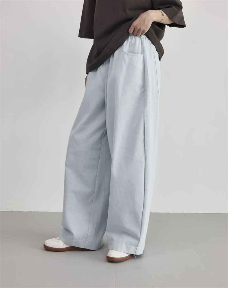 SIMPLE BLACK - Effen broek met elastische taille en wijde pijpen