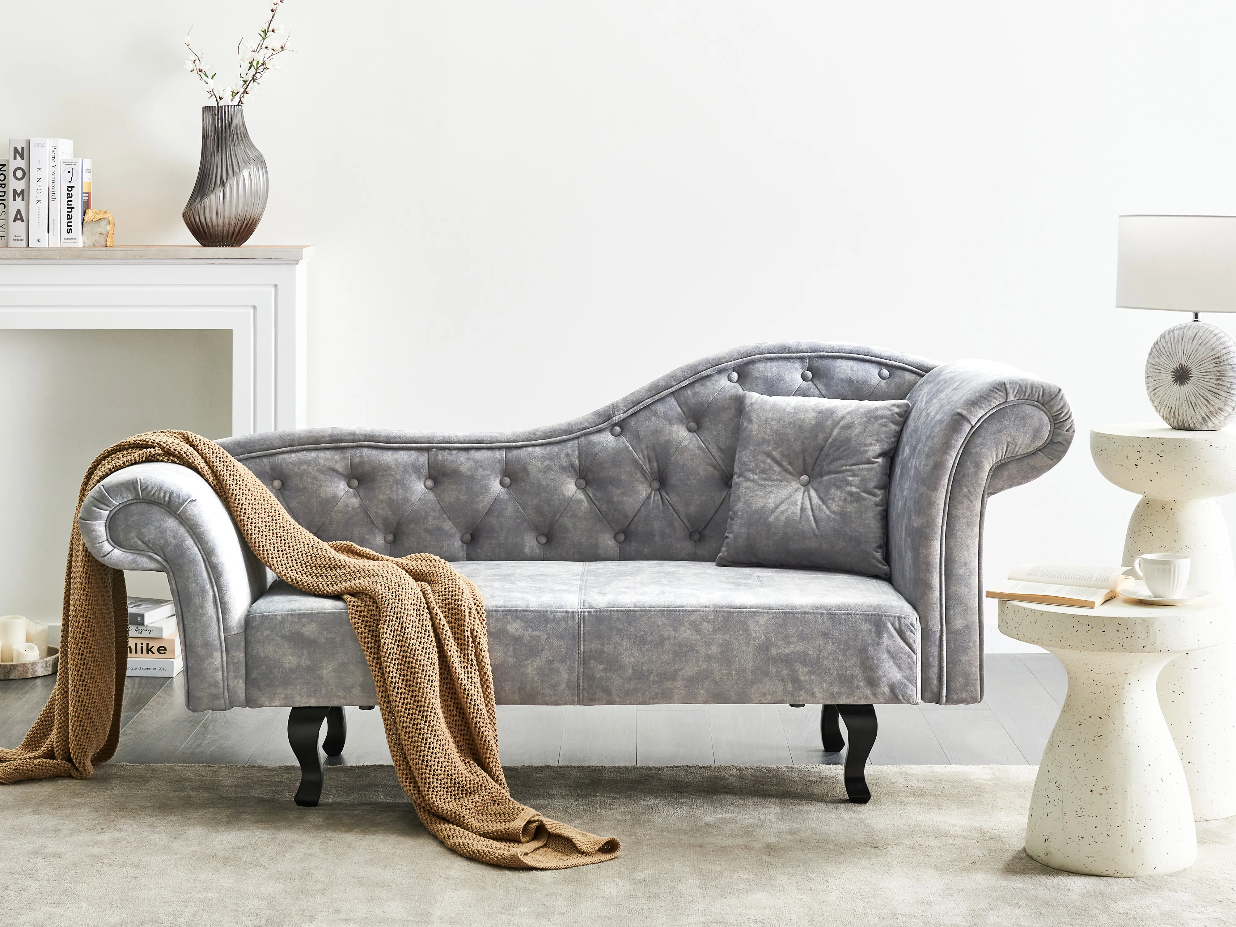 Rechtszijdige chaise longue LATTES II Fluweel Grijs met kussen