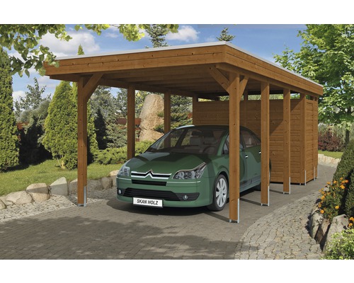 SKAN HOLZ Friesland enkele carport inclusief berging, 314x708 cm, notenhout