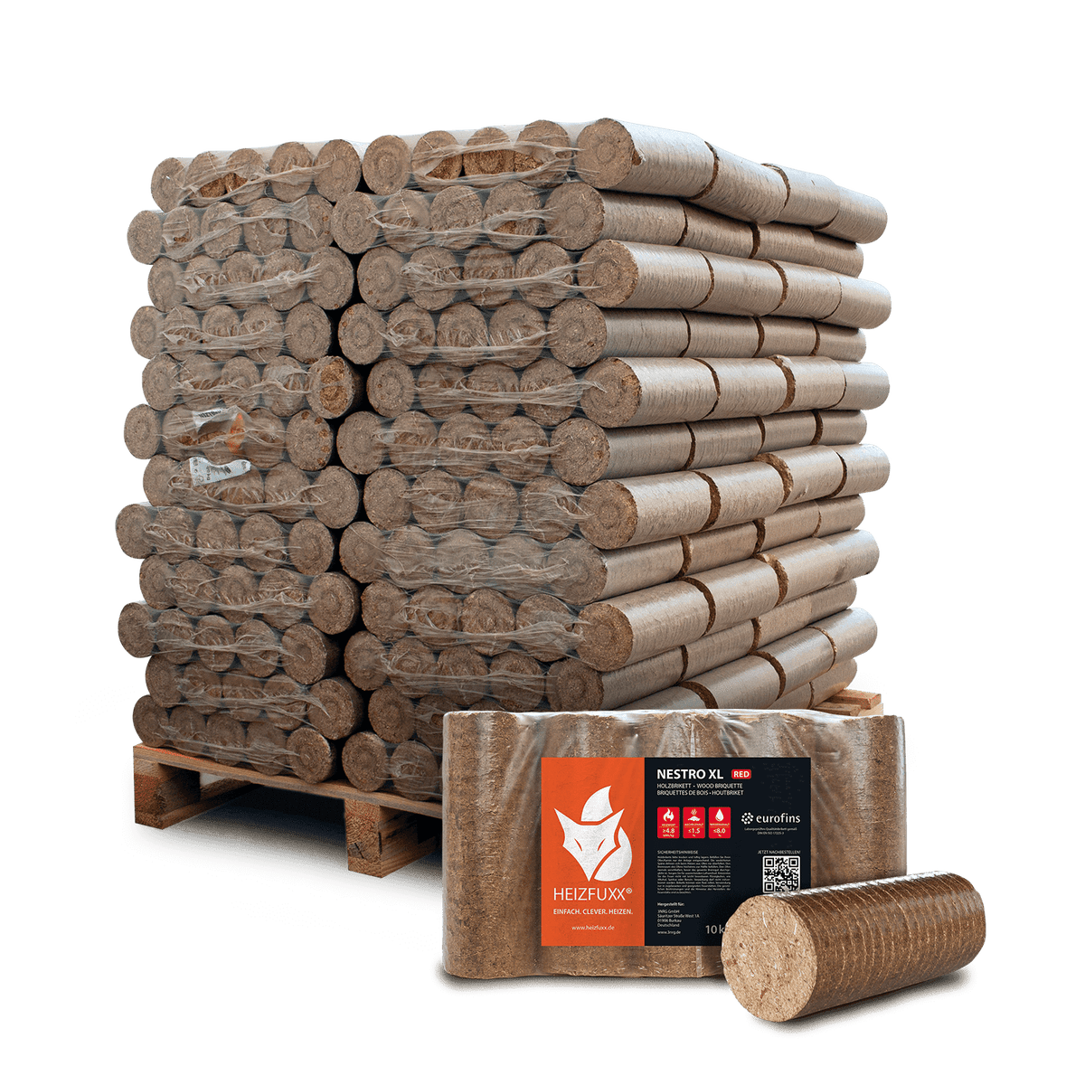 Heizfuxx Nestro XL Rood 10kg x 96 pakken 960kg pallet houtbriketten Nielsen hardhout