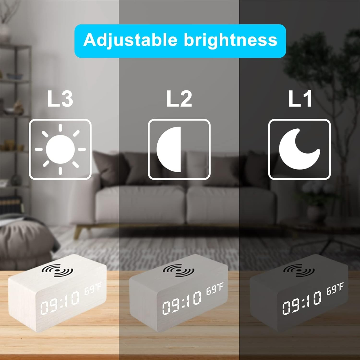 3in1 LED Holz Wecker USB Nachttisch Uhr mit Integrierter Ladestation Qi Wireless Ladegerät / Temperatur Anzeige - Weiss