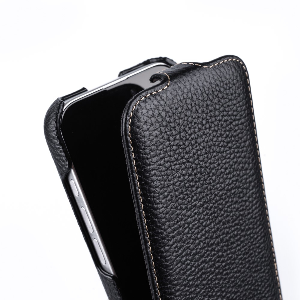 iPhone 16 Echtleder Tasche Flip Cover Vertikal Litchi Look - Schwarz
