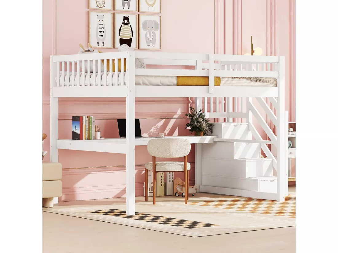 Lit mezzanine en bois de pin - 140x200cm - avec escalier de rangement et bureau - avec sommier à lattes - Blanc