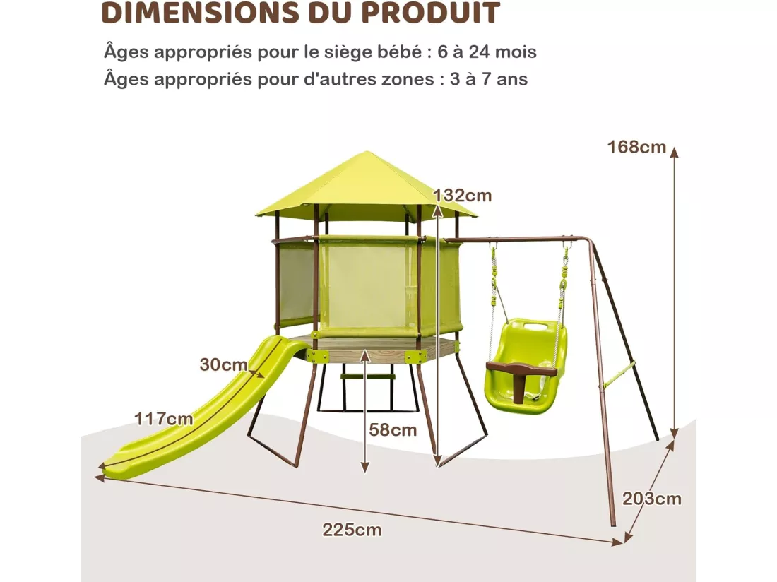 4 en 1 Aire de Jeux Portique en Bois avec Toboggan & Siège Bébé Réglable, Tour d'escalade Enfants avec Cabane Couverte & Échelle, Cadre en Métal pour Jardin pour Enfants de 3-7 Ans