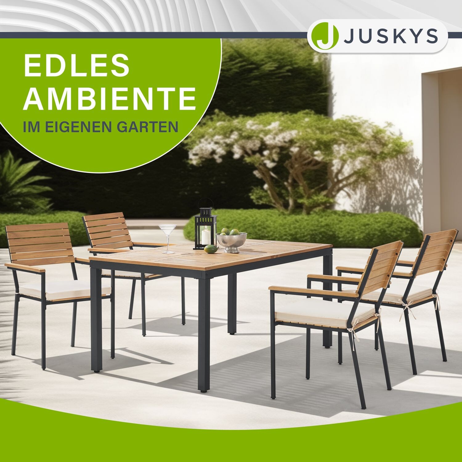 Juskys Akazienholz Gartengarnitur Rhodos - Tisch, 4 Stühle & Auflagen - Gartenmöbel Set - Holz Möbel