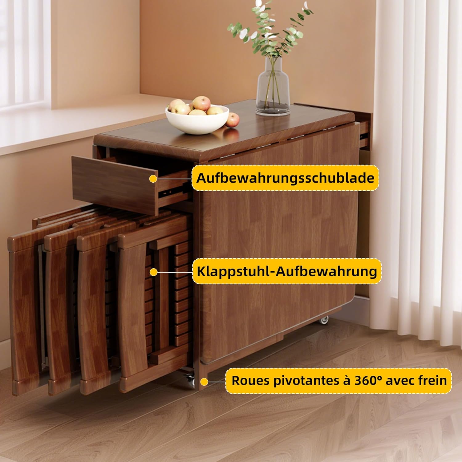 Klapptisch Platzsparender Multifunktionaler Küchentisch-Esstisch Ausziehbar mit Massivholz & 360° Rollen für 2-8 Personen in Kleinen Wohnungen Klappbarer Esstisch Nussbaum(150cm)