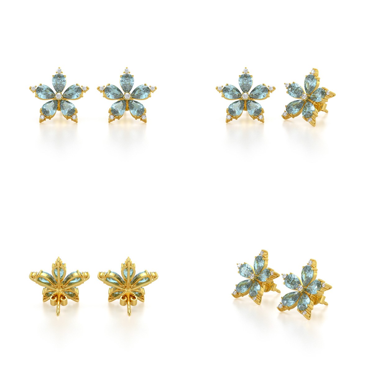 Boucles d'oreilles ADEN Or 585 Jaune Fleur Aigue-Marine et Diamants 4.52grs