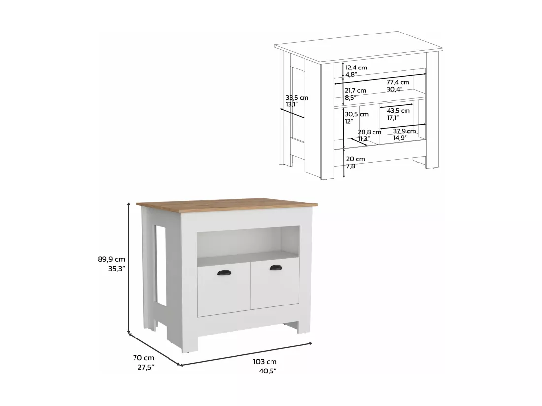 Ilot de cuisine Arlet en mélaminé avec 2 portes et 3 étagères , Blanc / Macadamia , 89.9 cm X 103 cm X 70 cm