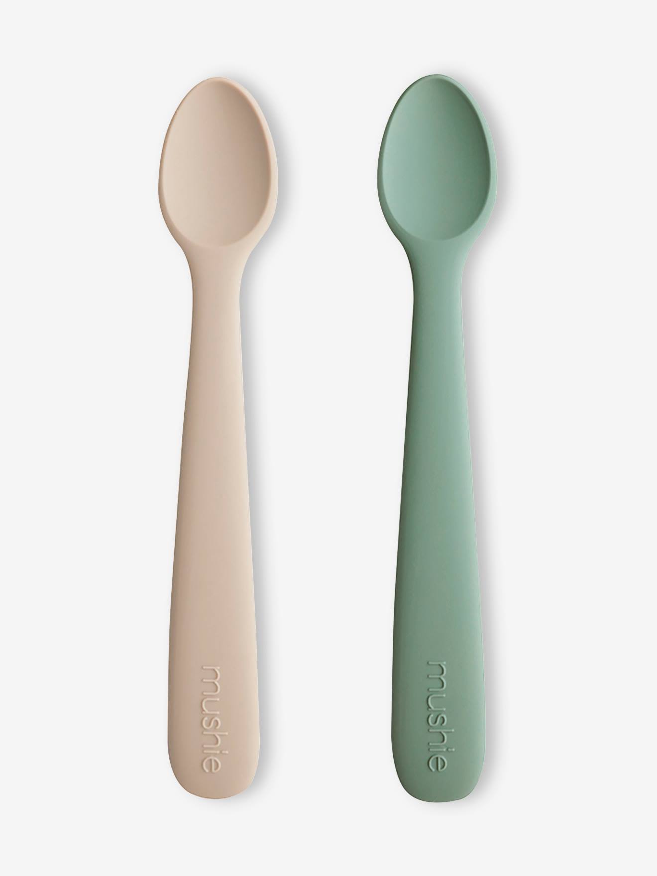 Conjunto de 2 colheres de silicone macias para bebês, 1ª idade, verdes.