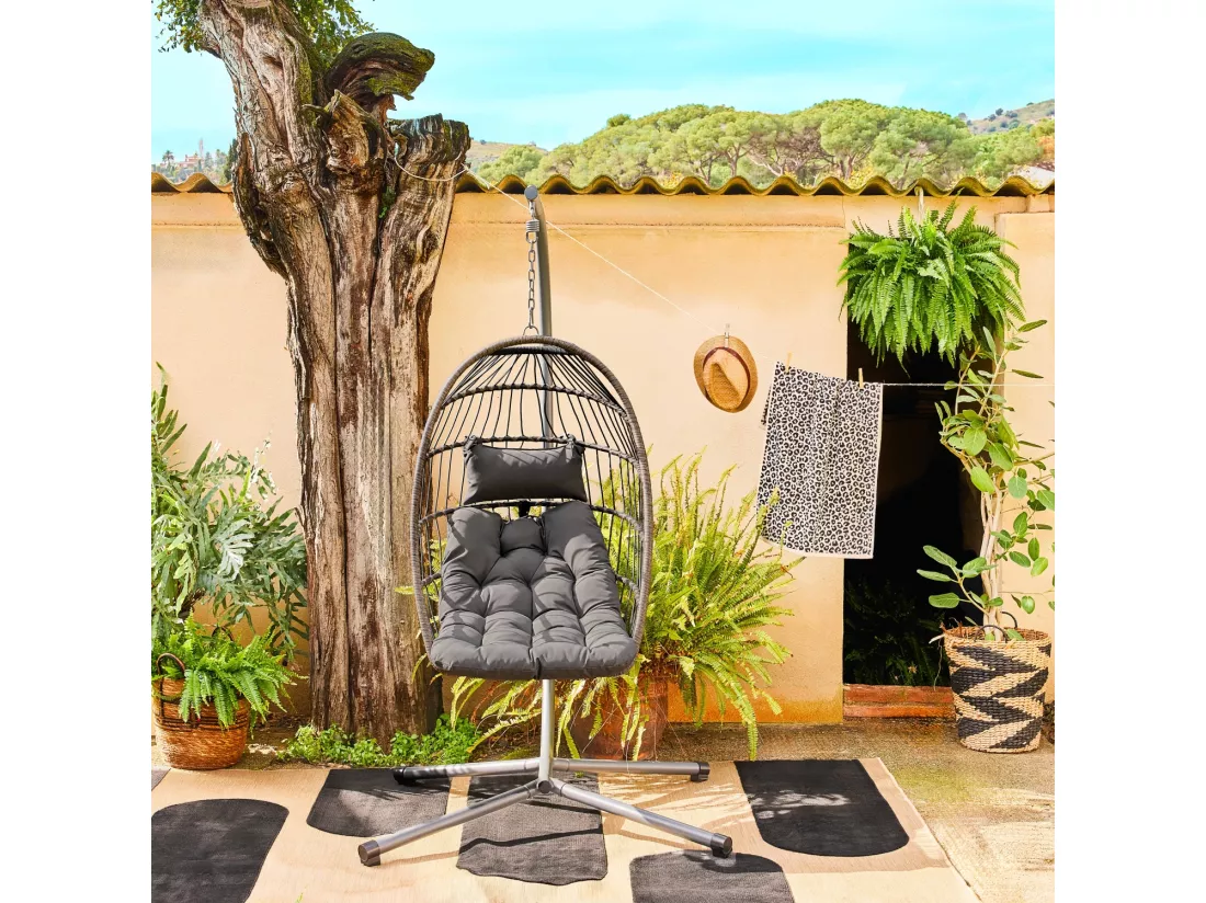 Fauteuil œuf suspendu anthracite TOSCANA acier. osier. polyester. 105 x 105 x 196 cm