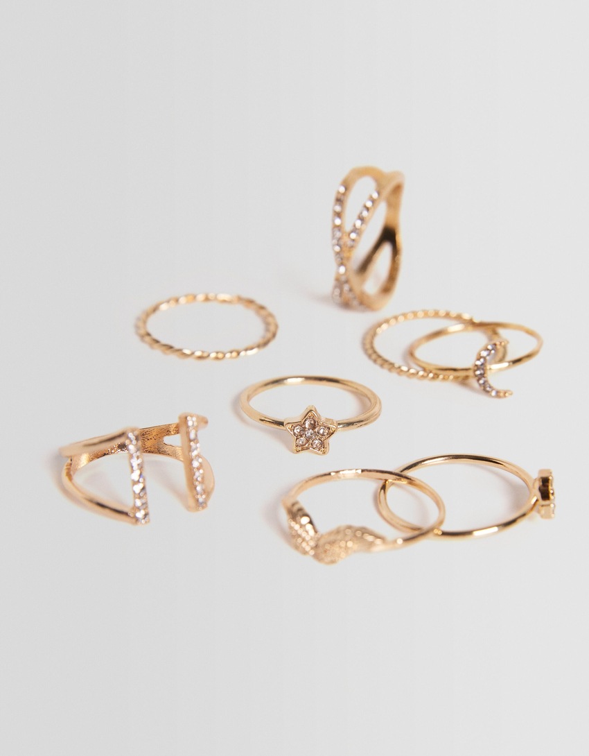 Conjunto de 8 anéis em forma de cruz com strass e lua