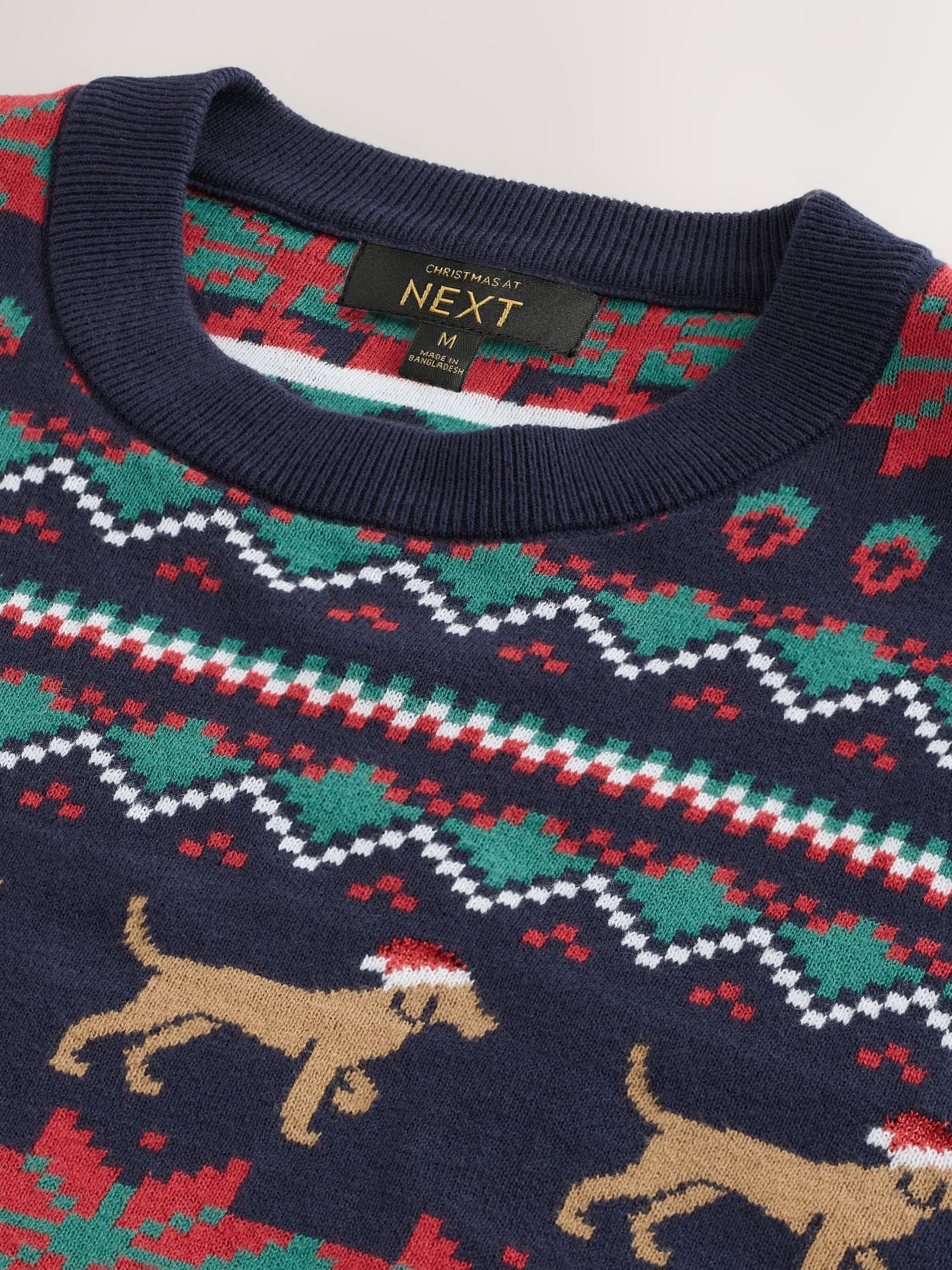 Donkerblauw - Regular Fit Christmas Dog Fairisle Pattern Crew Neck Jumper