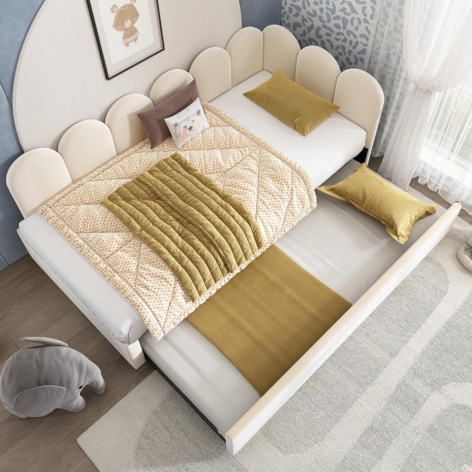 Schlafsofa 90x200 cm, L-Form Daybett mit Ausziehbett 90x190 cm, Polsterbett mit Lattenrost, Tagesbett für Wohnzimmer Gästezimmer (Ohne Matratze) Samt Beige